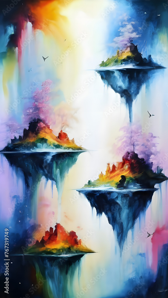 Naklejka premium A captivating watercolor painting that showcases a mesmerizing blend of oil and multitude of colors. The artwork features a surreal and dreamlike landscape with ethereal figures and floating islands.