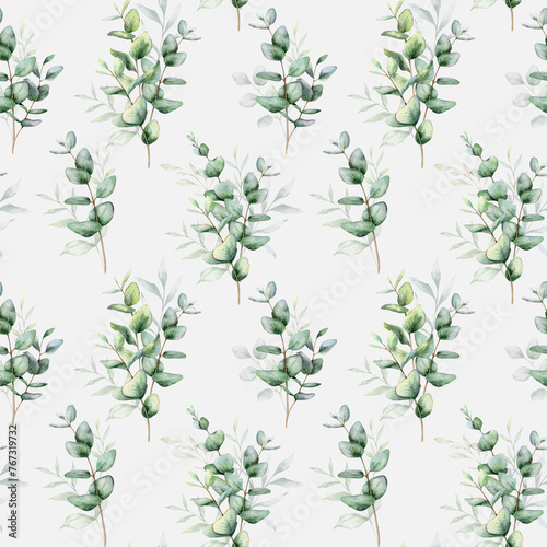 Seamless watercolor floral pattern with eucalyptus greenery, leaves, branches. Eucalyptus background for wallpapers, postcards, greeting cards, wedding invites, textile, events. Floral Watercolor
