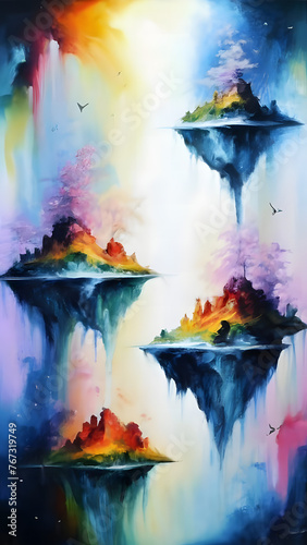 A captivating watercolor painting that showcases a mesmerizing blend of oil and multitude of colors. The artwork features a surreal and dreamlike landscape with ethereal figures and floating islands. © MdMahidHossain