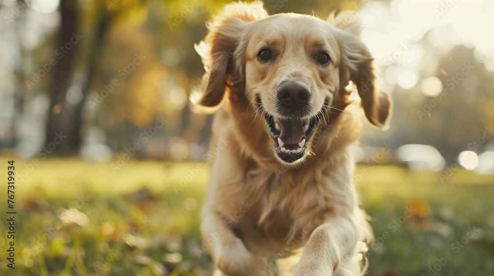 Obraz premium lively closeup of a pub dog running energetically in the park showcasing the puppy's playful nature and enjoyment of the outdoor setting