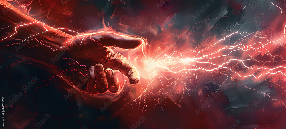 Power and might concept illustrated by a human holding a scarlet bolt of electricity. - obrazy, fototapety, plakaty 