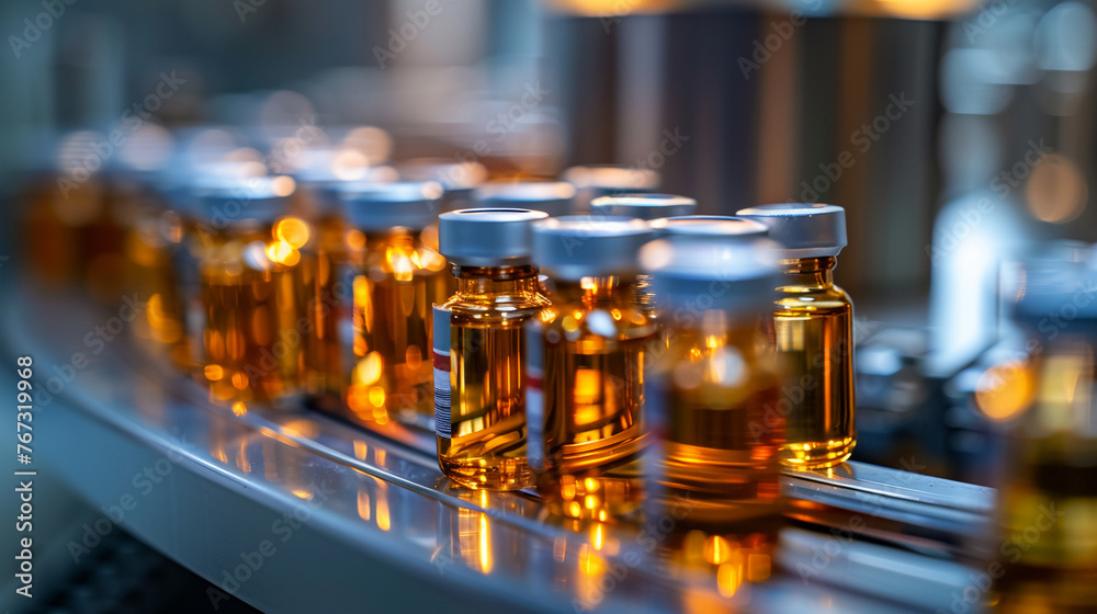 pharmaceutical medical vials packaging on a conveyor belt, AI Generative.