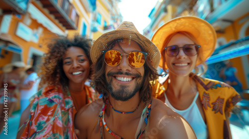 Multiracial group of traveling friends taking a selfie while sightseeing on a street with colorful houses. Concept of friendship, vacation and travel.