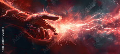 Power and might concept illustrated by a human holding a scarlet bolt of electricity. photo