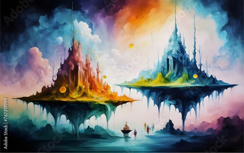 A captivating watercolor painting that showcases a mesmerizing blend of oil and multitude of colors. The artwork features a surreal and dreamlike landscape with ethereal figures and floating islands. 