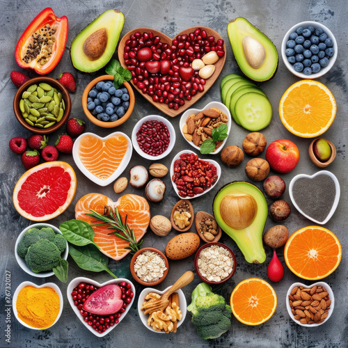 Assortment of nutritious foods promoting heart health