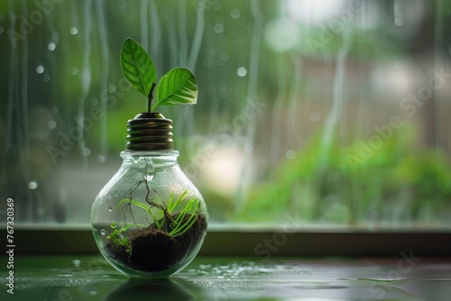 Green plant growing in a bulb, bulb hosting a green plant, plant sprouting from a bulb, bulb containing a growing green plant, greenery emerging from a bulb, bulb serving as a home for a green plant