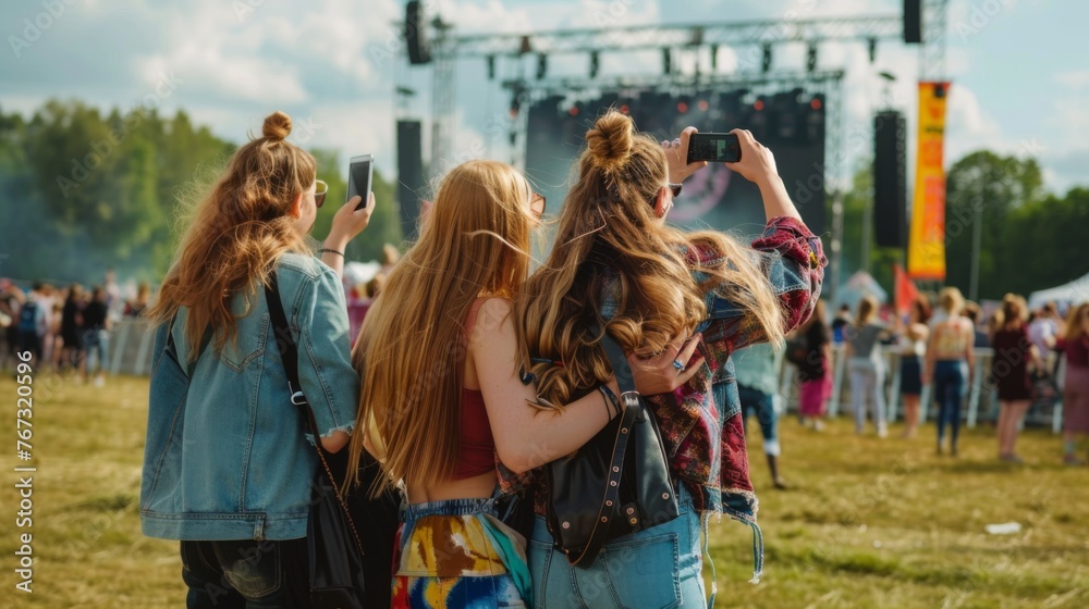 A tight-knit group captures the joyous moments at a music festival through their smartphone, embodying the essence of youth, friendship, and the love for live music A tight-knit group captures the joyous moments at a music festival through their smartphone, embodying the essence of youth, friendship, and the love for live music