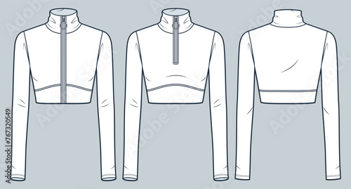 Zipped Crop Shirt technical fashion illustration. Long Sleeve Jacket fashion flat technical drawing template, roll neck, slim fit, front and back view, white, women CAD mockup set.