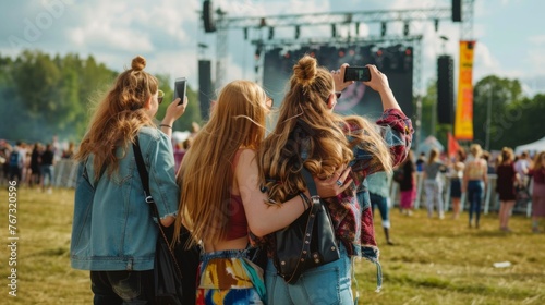 A tight-knit group captures the joyous moments at a music festival through their smartphone, embodying the essence of youth, friendship, and the love for live music photo