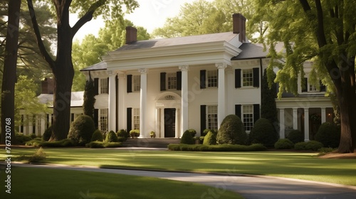 Historic Colonial mansion with columned entry portico Federal-style windows and meticulous landscaping.