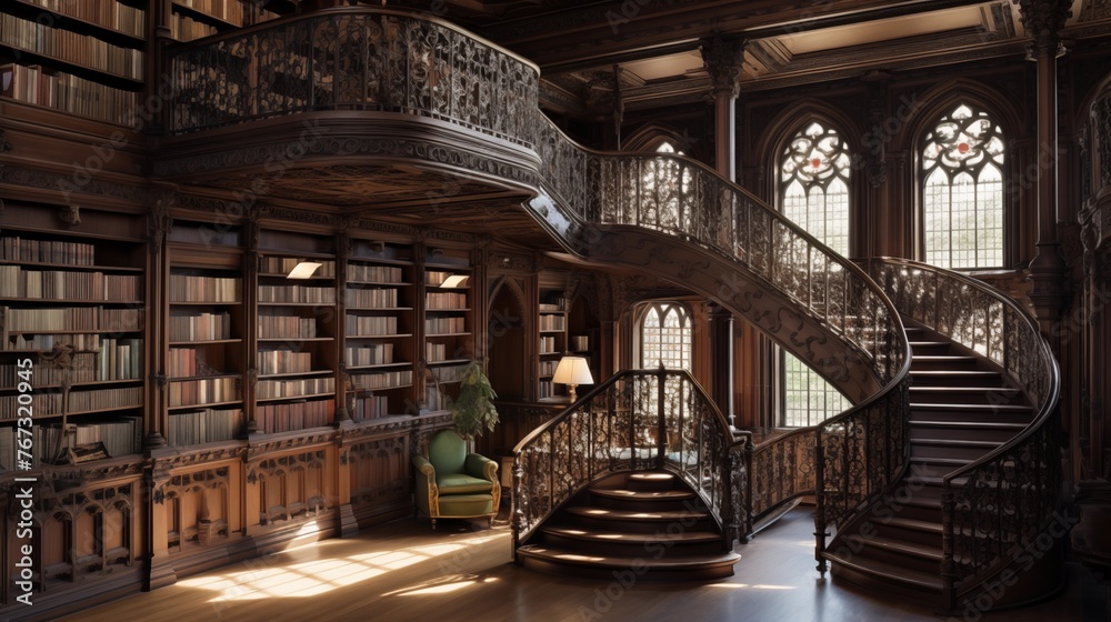 Historic library reading room with ornate carved wood and iron railings.