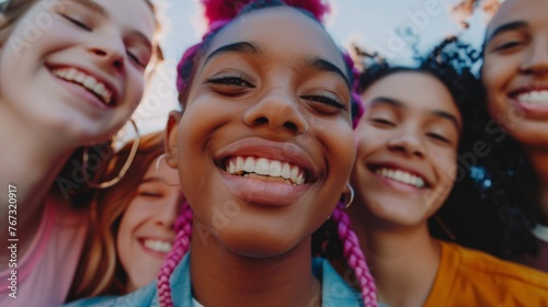 Joyful Gen Z Friends, A Symphony of Smiles. A close-up symphony of joy as diverse Generation Z friends share a candid moment, their bright smiles illuminated by golden hour sunlight.