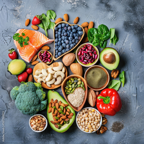 Assortment of nutritious foods promoting heart health