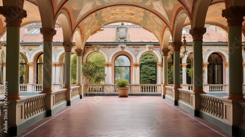 Historic Italian Renaissance-style villa loggia with domed brick ceilings arched colonnades mosaic tiled fountains and frescoes.