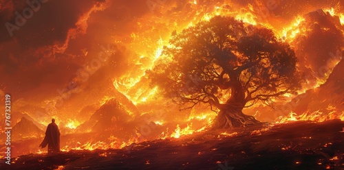 Moses by the burning bush at mount Horeb