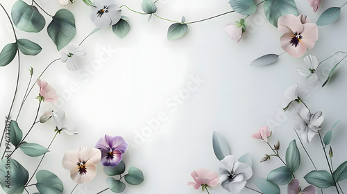 Minimalist floral wedding invitation card template design, colorful pansies with green leaves on white,generative ai, © Prasanth