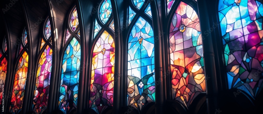 A row of colorful stained glass windows in a church showcases the artistry of visual arts within the Gothic architecture, creating a mesmerizing display of electric blue hues in the darkness