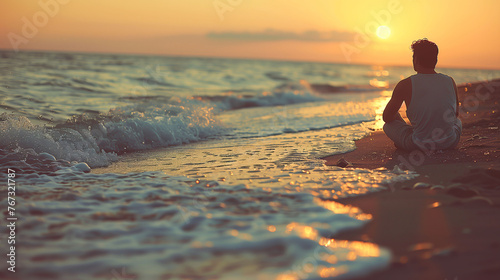 Fototapeta Naklejka Na Ścianę i Meble -  Silhouette of a person sitting on the beach at sunset, with waves gently lapping the shore.