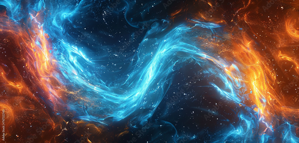 Swirling waves of electric blue and fiery orange evoking a sense of cosmic energy. Copy space on blank labels.