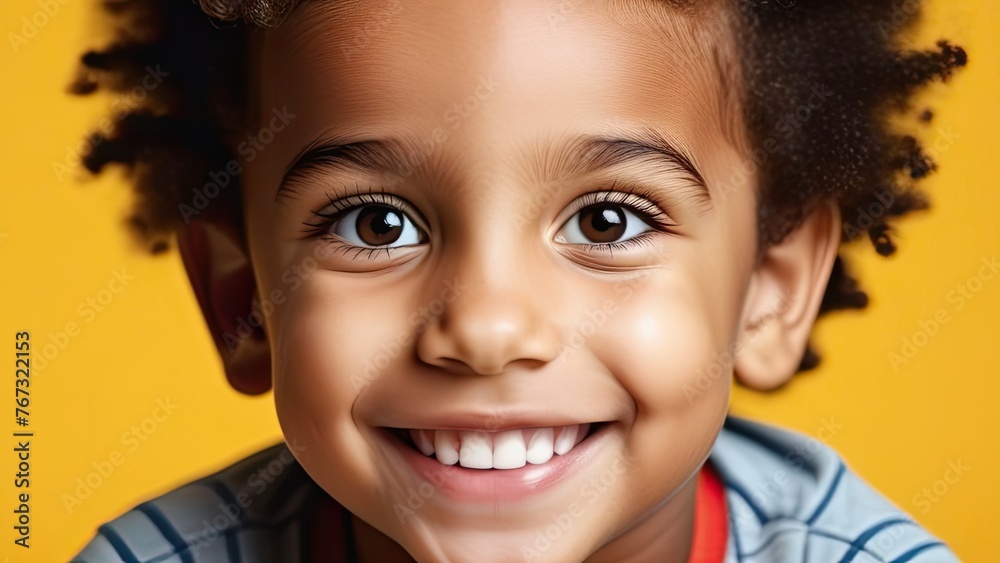 African toddler smiling, looking at camera, yellow background