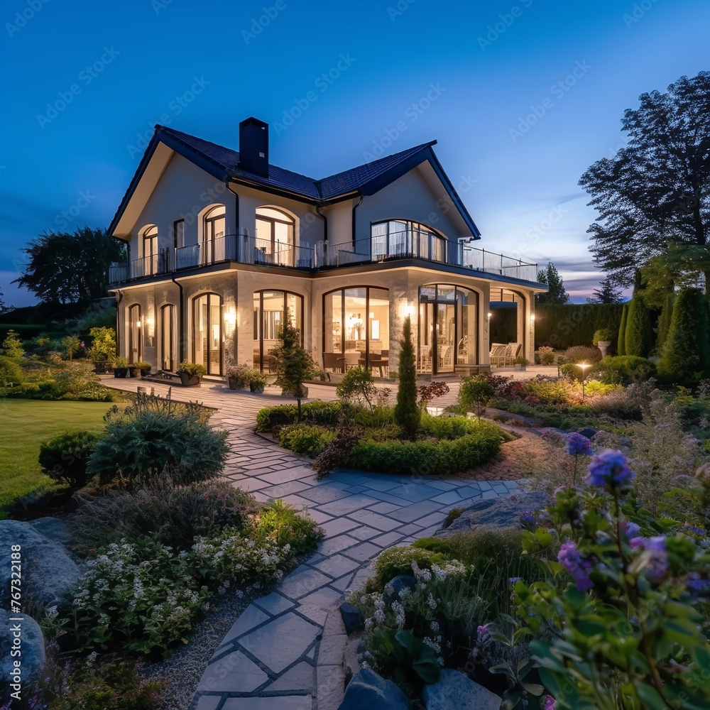 Beautiful Luxury House with Garden at Twilight

