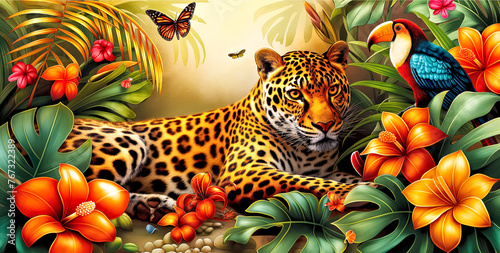 A colorful jungle scene with a leopard laying down. Concept of peace and tranquility in the midst of nature