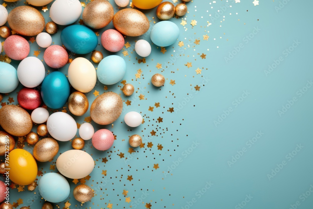 Decorated Easter eggs and space for text on color background, top view - generative ai Decorated Easter eggs and space for text on color background, top view - generative ai