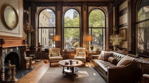 Historic urban brownstone parlor room with floor-to-ceiling windows wood-burning fireplace antique mirrored walls and gilded accents. © Aeman