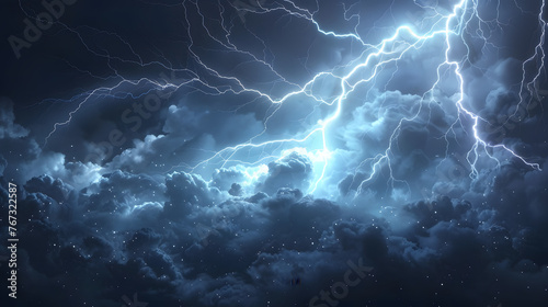 Realistic thunder storm lightning on transparent background.