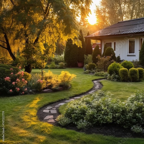 Beautiful Manicured Lawn and Flowerbed with De...