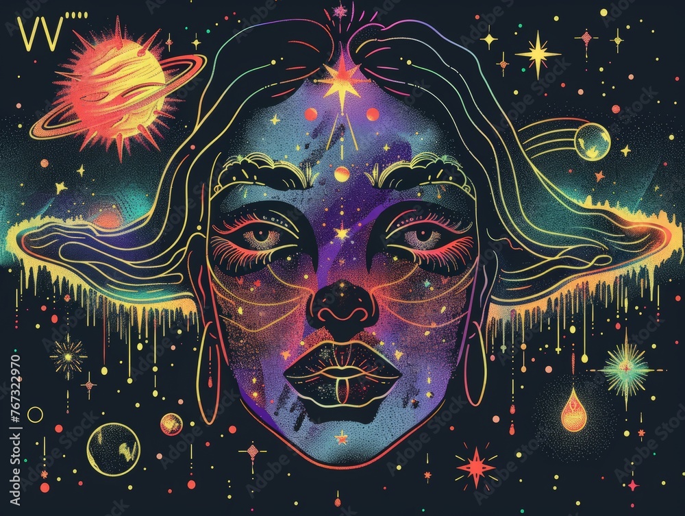 A detailed drawing featuring a womans face at the center, surrounded by stars and planets, creating an otherworldly and mystical atmosphere