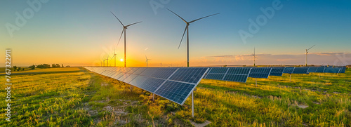 Renewable Energy Harmony: Stunning Sunrise/Sunset Shot of Solar Panels and Wind Turbines in Expansive Landscape photo