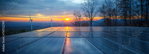 Renewable Energy Horizon: Stunning Sunrise/Sunset Shot of Solar Panels and Wind Turbines in Photorealistic Style photo