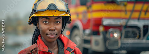 Brave African American Female Firefighter Poses Near Fire Truck in Uniform and Helmet - Portrait Shot photo