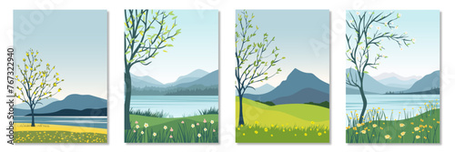 Spring landscapes. Set of spring nature landscapes. Blooming trees, flowers, green grass against the backdrop of the sea and mountains. Vector illustrations vertical A4 format for printing and design.