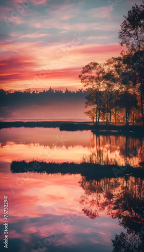 Tranquil sunset with vibrant colors reflecting on a calm lake, silhouettes of trees on the horizon.