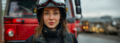 Brave Beauty: Female Firefighter in Uniform and Helmet Poses Near Fire Truck photo
