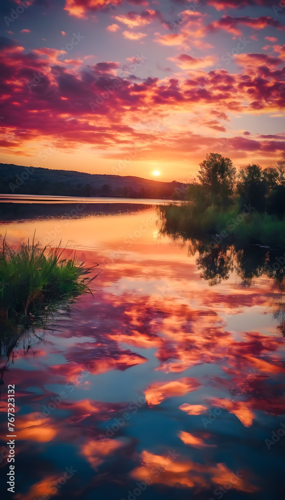 Stunning sunset over tranquil lake with vibrant sky reflections and serene nature backdrop.