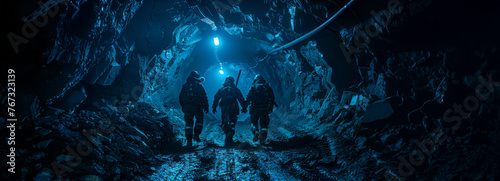Exploring the Depths: Three Miners Exiting a Mining Shaft