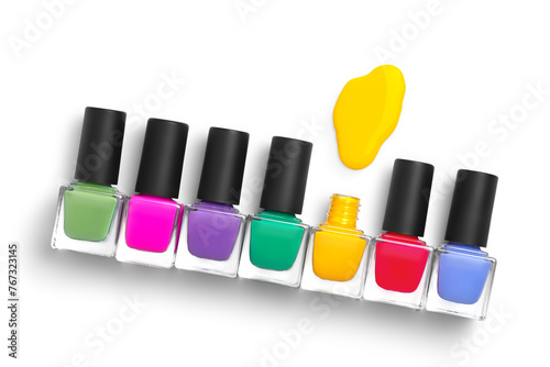 Group of Bottles of bright nail polish on white background