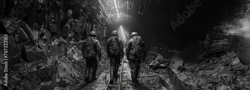 Three miners exiting a coal mine: A glimpse into the daily grind underground photo
