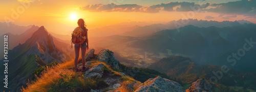 Adventurous woman admiring breathtaking sunset view from cliff top in summer mountain landscape © Fernando Cortés