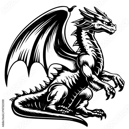 Majestic Black Sitting Dragon Vector, Illustration
