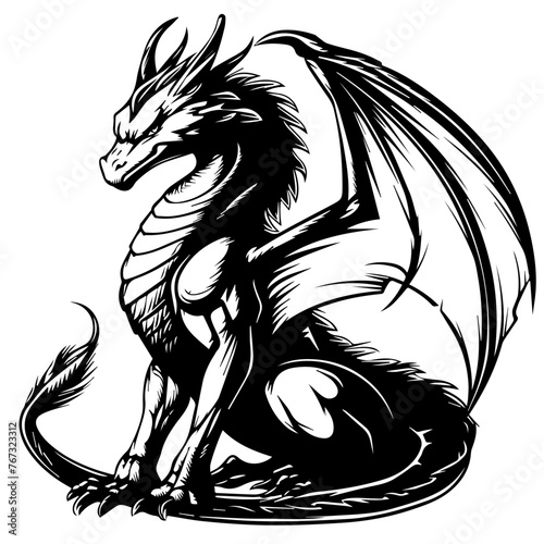 Majestic Black Sitting Dragon Vector, Illustration
