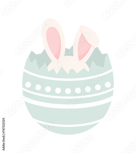 Rabbit ears sticking out of a broken Easter egg, isolated on a white background. Flat vector illustration