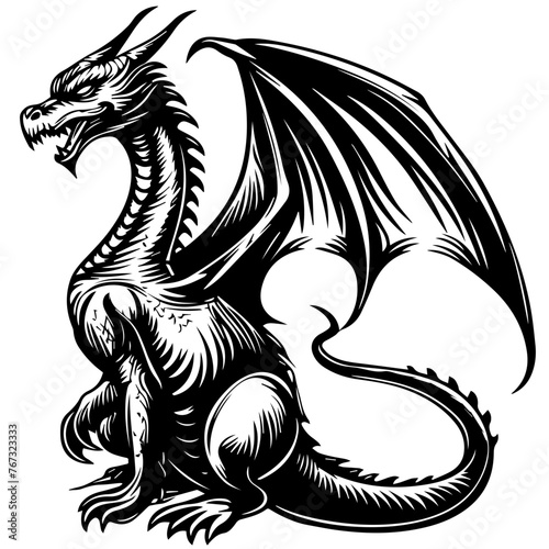Majestic Black Sitting Dragon Vector, Illustration
