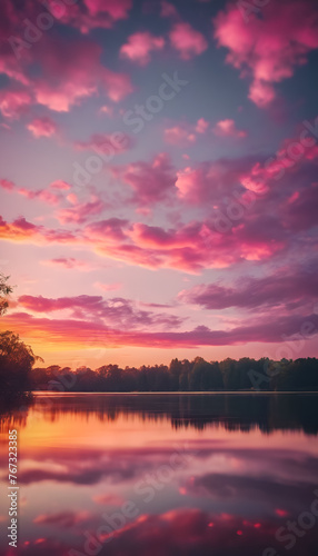 Vibrant sunset with pink clouds reflected in a tranquil lake, creating a serene and picturesque landscape.