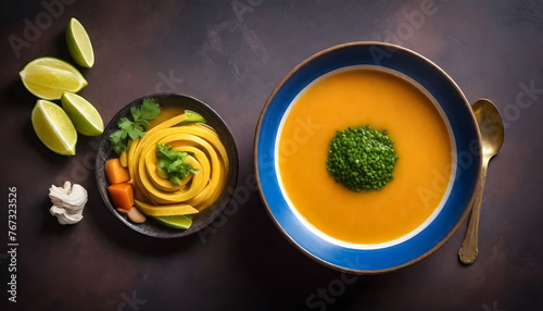 a bowl of traditional mexican soup, sop a delima with carrots and herbs on a dark table