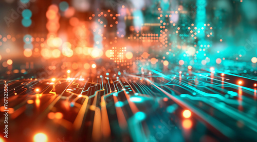 a 3d image of circuit board in yellow lights in the style network flow through electrical lines